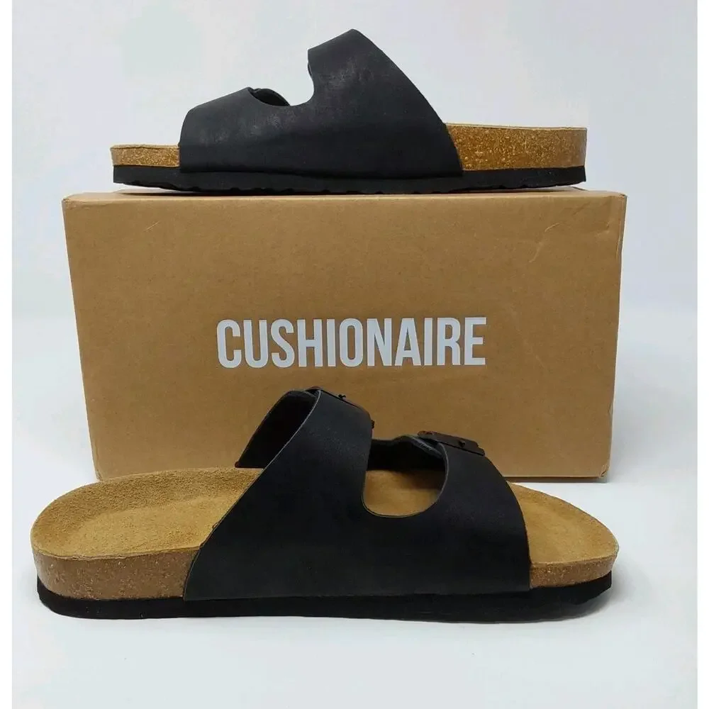 Cushionaire Lane Womens 9.5 Black Nubuck Leather Footbed Slide Sandals